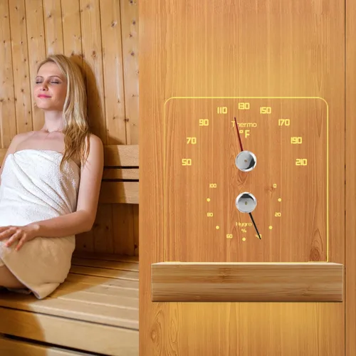 Vista 4 de Yofidra Termómetro de sauna 2 en 1 Fahrenheit Termómetro higrómetro con luz LED Accesorios de sauna para sala de sauna Hotel