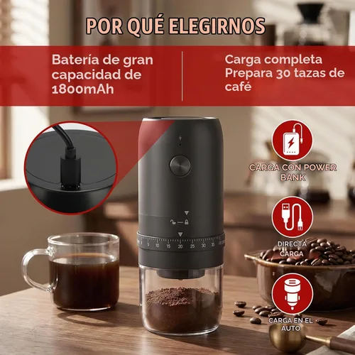 Vista 6 de Molinillo de café eléctrico, molinillo de granos de café portátil con rebabas cónicas de cerámica, molinillo de espresso recargable USB-C con grosor