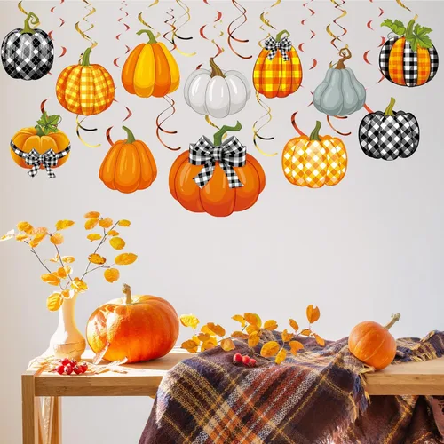 Vista 5 de Dianelhall 54 decoraciones de fiesta de otoño, decoraciones de remolinos colgantes de Acción de Gracias, recortes de calabaza y arce, remolinos