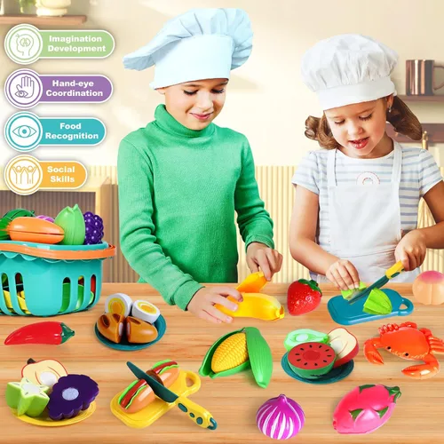 Vista 6 de 100 piezas de juego de comida de simulación para cocina de niños, juguete de comida falsa para niños pequeños de 1 a 3 años, accesorios de plástico