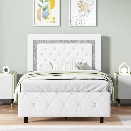 Vista 19 de BarnFurin Base de cama individual con cabecero, cama tapizada con diseño capitonado de diamante, marco de cama para niños con soporte de listones