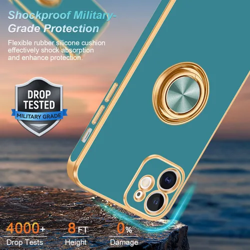 Vista 3 de Fingic Funda para iPhone 11, con soporte de anillo giratorio de 360°, soporte magnético [borde dorado chapado brillante], funda protectora delgada