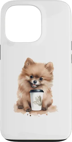 Vista 10 de iPhone 16 Pomerania perro con café estilo acuarela caso