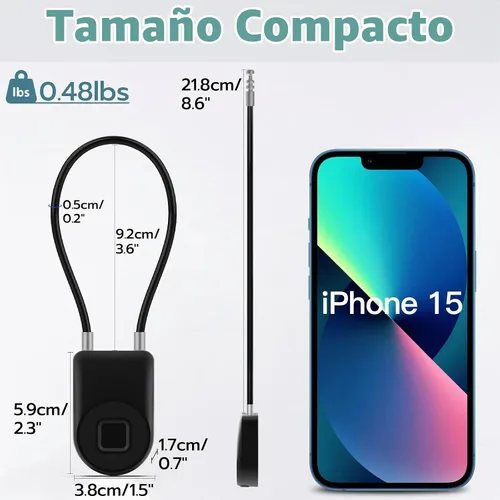 Vista 2 de Candado de Cable con Huella Dactilar, Candado con Grillete Largo de 3.6 Pulgadas con Aplicación Bluetooth, Candado Inteligente Biométrico Sin Llave