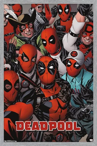 Vista 15 de Marvel Comics Deadpool - Póster de pared con caras, 22.4 pulgadas de largo x 14.7 pulgadas de ancho, versión enmarcada de madera de granero