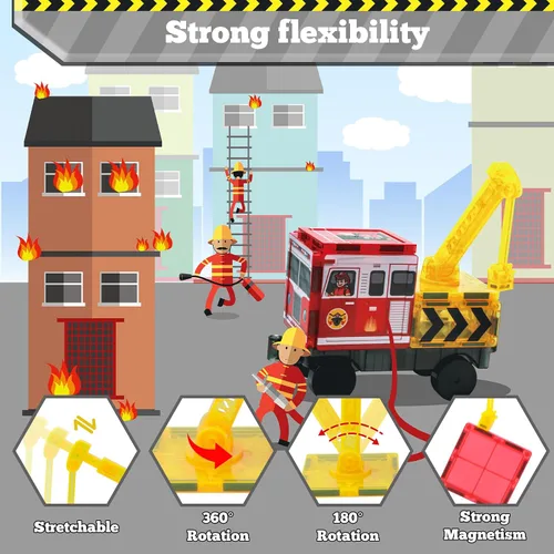Vista 6 de Juego de camiones de bomberos con azulejos magnéticos, bloques magnéticos