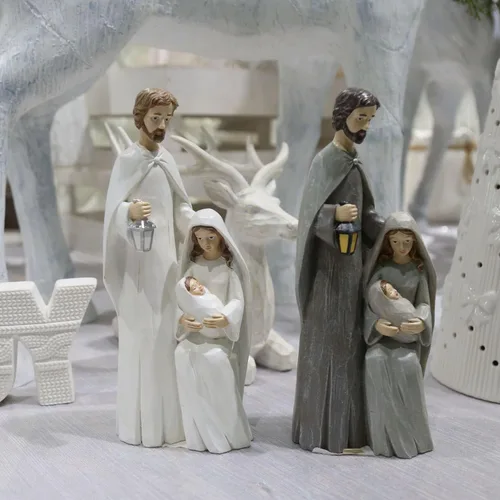 Vista 3 de Figuras de la Santa Familia para interiores, estilo grabado en madera, estatuas de resina de Jesús, decoraciones de mesa católicas para decoración