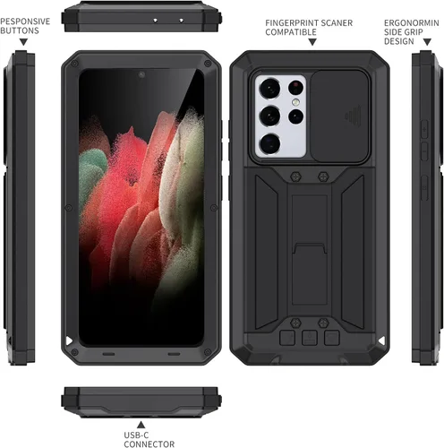 Vista 7 de Compatible con Samsung Galaxy S21 Ultra, funda protectora rígida de aluminio de metal a prueba de golpes, resistente y militar, funda protectora