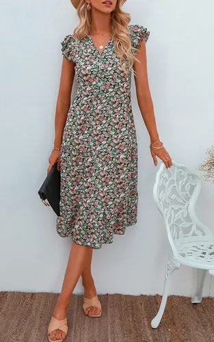 Vista 7 de Angashion Vestido de verano para mujer con cuello en V floral manga casquillo vestido midi hasta la rodilla vestido de verano