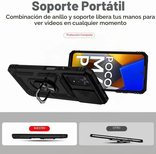 Vista 4 de Funda para Xiaomi Poco M4 Pro 4G, MZB0B5VIN con protector de pantalla de vidrio templado y cubierta de cámara deslizante, anillo magnético Soporte