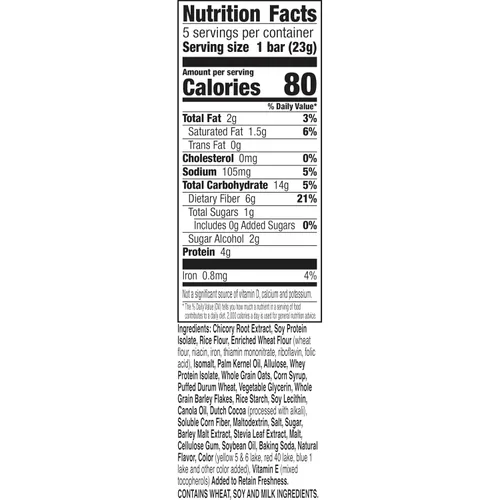 Vista 2 de Barras de merienda masticables Fiber One de 80 calorías, chocolate, caramelo y pretzel, 5 unidades, 4.1 oz 20% Daily Value of Fiber per Bar, 80