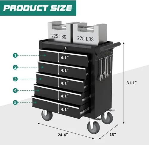 Vista 2 de Caja de herramientas con ruedas de 5 cajones, caja de herramientas rodante con ruedas, caja de herramientas con sistema de bloqueo con llave