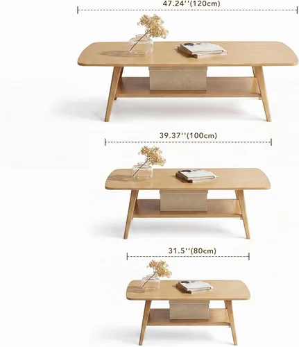 Vista 6 de Mesa de centro pequeña para sala de estar, mesas pequeñas modernas de 2 niveles de mediados de siglo con almacenamiento en estantes, mesa de centro
