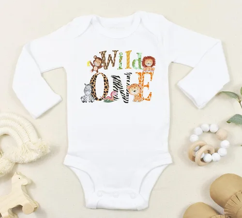 Vista 3 de Wild One - Traje de primer cumpleaños – Body o camisa de animales de zoológico, ropa de fiesta temática de safari para niños y niñas