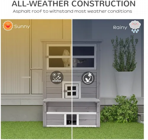 Vista 4 de 3-Tier Wooden Cat House for Outdoor and Indoor Use with Raised Floor and Asphalt Roof Gray Cat Shelter with Escape Doors and Jump Platforms