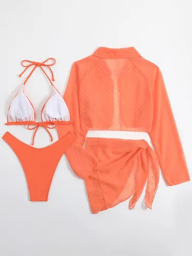 Vista 2 de WDIRARA Traje de baño de 4 piezas para mujer con lunares suizos y triángulo, con salida de baño y kimono