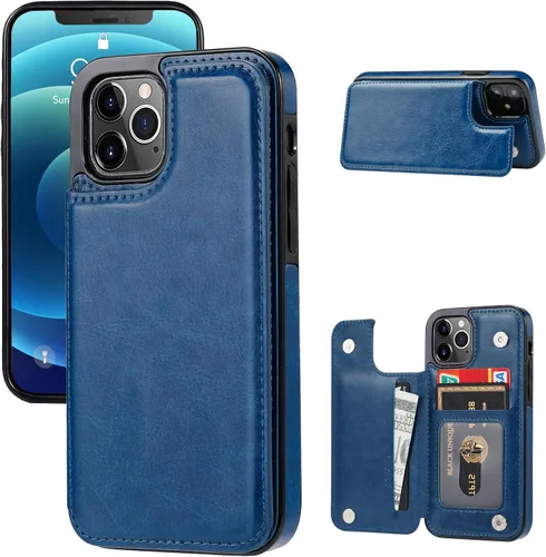 Vista 8 de Funda tipo cartera compatible con iPhone 12 Pro/12, funda protectora delgada con tarjetero, funda premium de cuero sintético con función atril