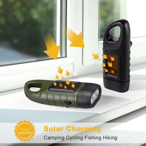 Vista 5 de Mudder Paquete de 4 linternas de manivela de mano con energía solar, linterna LED recargable de emergencia, equipo de supervivencia, antorcha