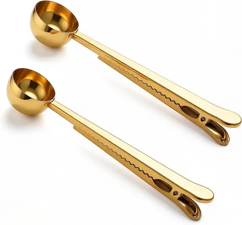 Vista 8 de Cucharas medidoras de café para café molido de acero inoxidable, 1 cucharada con clip para bolsa para café y té, juego de 2 (2 unidades, negro)