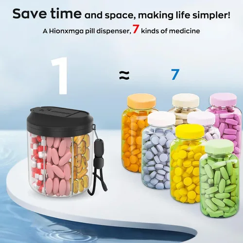 Vista 4 de Hionxmga Dispensador de pastillas con 7 compartimentos grandes, organizador de botellas de píldoras de 4.4 pulgadas de alto x 3.6 pulgadas
