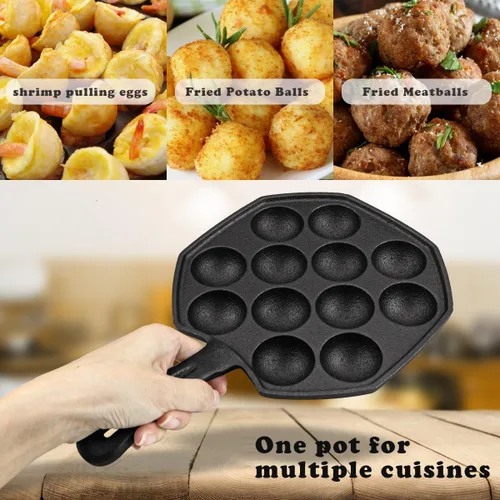 Vista 4 de DOERDO Takoyaki Maker Takoyaki - Molde de bolas de carne de pulpo de hierro fundido antiadherente para bolas de pulpo, 12 agujeros