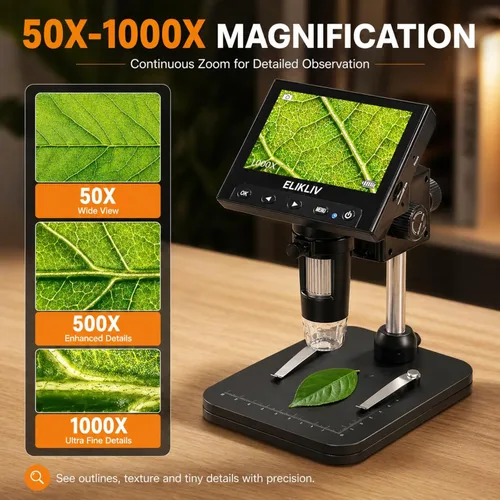 Vista 5 de Elikliv Microscopio para monedas, microscopio digital LCD de 4.3 pulgadas, 1000x, lupa de monedas con 8 luces LED ajustables, vista de PC compatible