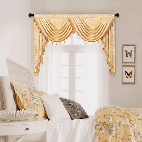Vista 13 de ELKCA Cenefa de cascada de jacquard de estilo europeo con cuentas para sala de estar, cenefa de café de damasco para dormitorio, cocina, 39