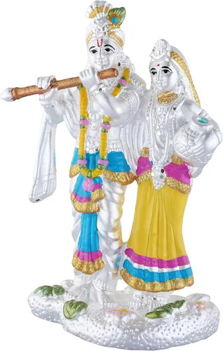 Vista 5 de Radha Krishna - Estatua de plata pura 990, 35 a 40 GMS de Murti colorido para el hogar Pooja