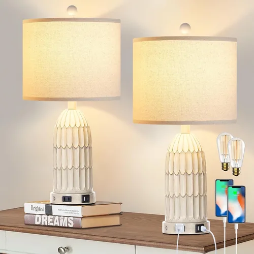 Vista 9 de Touch Table Lamp for Bedroom Nightstand, Cream Farmhouse Vintage Rustic 3-Way Dimmable Bedside Lamps with 2 USB Charging Ports,Single Cream