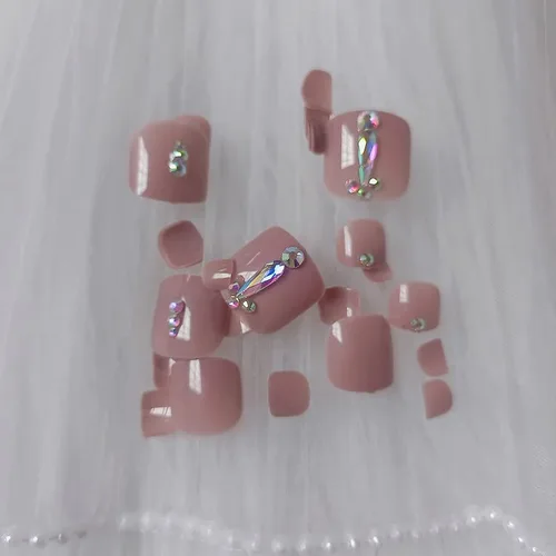 Vista 4 de 24 uñas de los pies a presión color caqui para los dedos de los pies, elegantes y exquisitas piedras brillantes, uñas postizas para novias, puntas