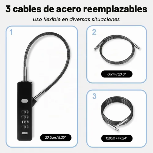 Vista 2 de Candado de cable de combinación de 4 dígitos, 3 cuerdas de acero trenzadas intercambiables (9"/23.6"/47.2"), cerradura de alambre antirrobo