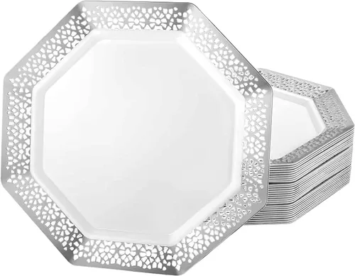 Vista 4 de Lillian Tablesettings Platos de plástico, 11 paquete de 10 platos de lacetágono, 11 pulgadas, blanco perla (34591)