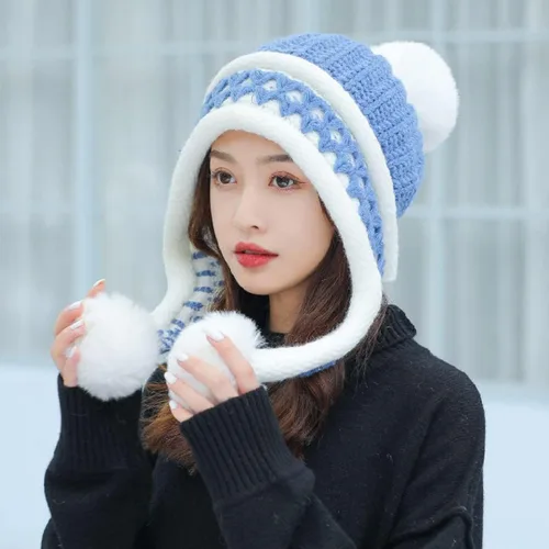 Vista 2 de HUAMULAN Gorro de invierno para mujer, con orejeras, con solapas, sherpa, esquí, nieve, forro polar, 3 pompones