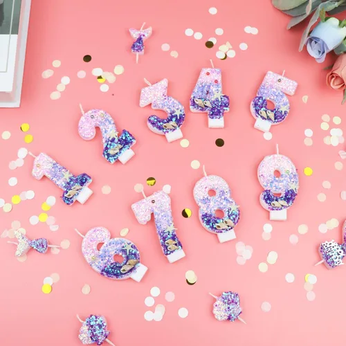 Vista 4 de 6 velas de cumpleaños de 2.5 pulgadas con temática de sirena, 1 vela número 6, 3 velas de cola de sirena, 2 velas de concha para decoración