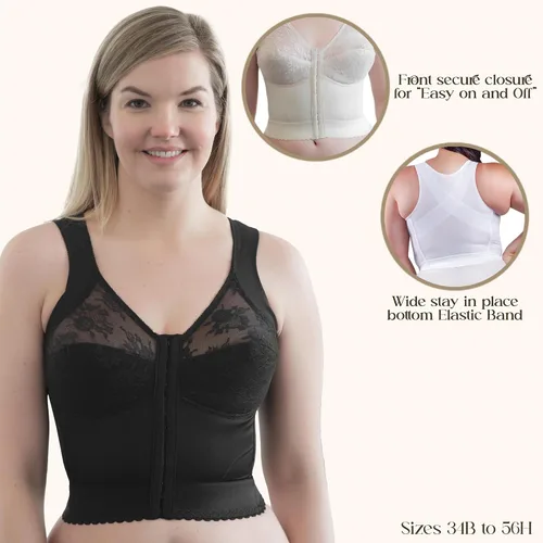 Vista 5 de Front Closure Longline Bra 9603 Made in USA Wire-Free Comfort w/Back Support Soft Cups Everyday Confidence 34B–58H Negro