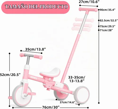 Vista 10 de KORIMEFA Triciclo 5 en 1 para niños pequeños de 1 a 3 años, bicicleta para Rosa