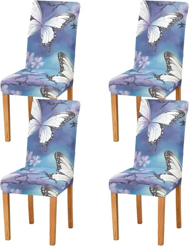 Vista 2 de Juego de 2 fundas para sillas de comedor con diseño de mariposas, elásticas, extraíbles y lavables, de elastano, para decoración de restaurantes