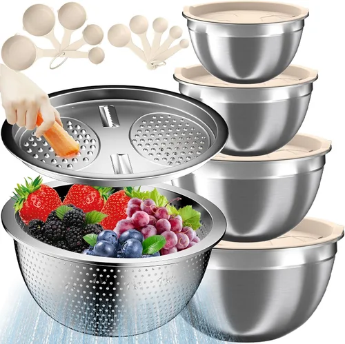 Vista 11 de Juego de cuencos para mezclar con tapas herméticas, 4 cuencos de acero inoxidable anidados y colador, organizadores de cocina y almacenamiento