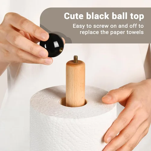 Vista 5 de Soporte para toallas de papel, soporte de rollo de cocina de madera (bola negra)