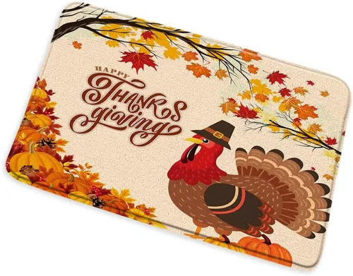 Vista 2 de Alfombra de baño para el día de Acción de Gracias, diseño de dibujos animados, pavo, granja, hoja de arce, calabaza, cosecha de otoño, festival
