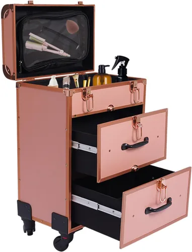 Vista 10 de Estuche de maquillaje rodante, carrito de salón de belleza con ruedas de doble bloqueo, carrito de almacenamiento con bolsa de tijera, organizador