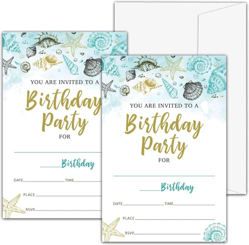 Vista 5 de Invitaciones de cumpleaños de playa A01 – Tarjetas de relleno para fiesta de cumpleaños número 13 para niños y niñas (20 invitaciones con 20 sobres)