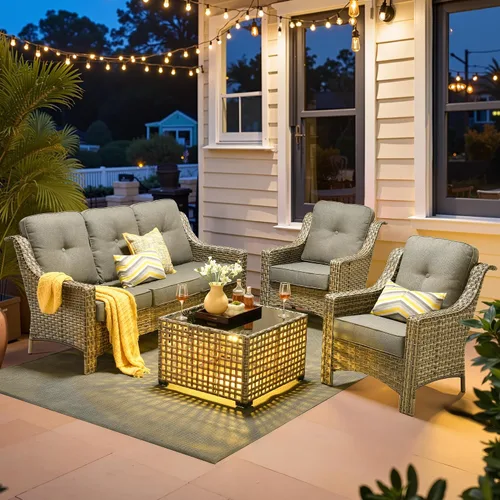 Vista 14 de ovios Muebles de patio al aire libre de 4 piezas con sofá de 3 asientos, juego de cubierta de mimbre de ratán con respaldo alto, sofá individual