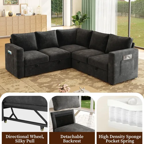Vista 4 de Sofá modular de 85 pulgadas con cama extraíble, sofá modular de 5 asientos en forma de L con almacenamiento, sofás seccionales para sala de estar