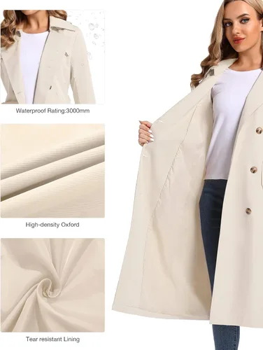 Vista 5 de poonyfesh Gabardina larga impermeable resistente al viento para mujer clásica con solapa de doble botonadura con capucha extraíble