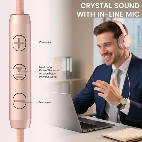Vista 6 de Auriculares con cable USB C sobre la oreja con micrófono, control de volumen, puerto compartido y diadema ajustable, auriculares estéreo plegables
