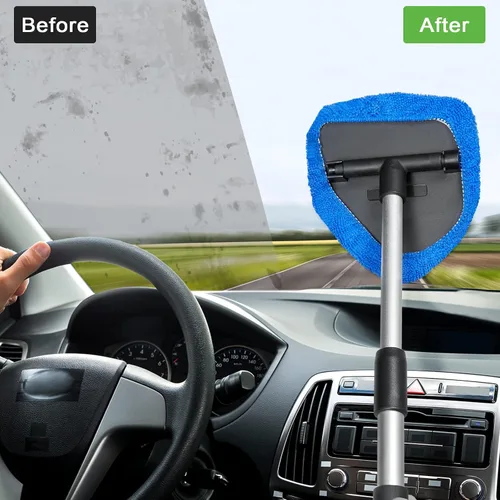 Vista 4 de 3 piezas de microfibra limpiador de parabrisas de coche, kit de limpieza para detalles del interior del automóvil con mango extensible y 9
