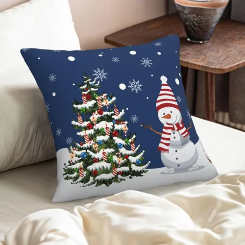 Vista 5 de Fundas de Almohada de Navidad Azul Marino 16x16 Juego de 2 Estilo Granja Muñeco de Nieve Copo de Nieve Árbol de Navidad Fundas de Almohada
