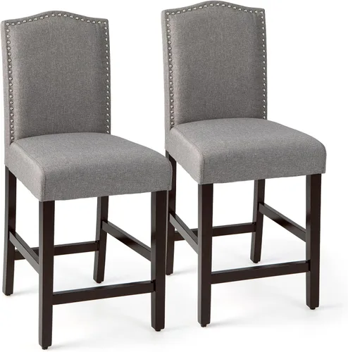 Vista 10 de COSTWAY Juego de 2 taburetes de bar, sillas tapizadas de lino con patas de madera de goma maciza, sillas de bar de madera para isla de cocina de 25