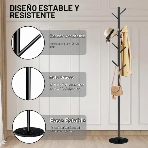 Vista 4 de Perchero con base de mármol natural, perchero de metal independiente con 8 ganchos, soporte resistente para entrada, oficina, dormitorio